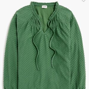 J Crew Clip-dot smocked-neck long sleeve  V neck green top blouse size M